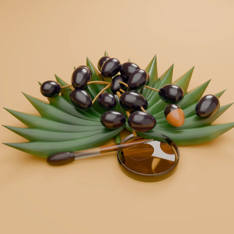 Saw palmetto berries on a fan-palm frond, with the amber extract in a glass dish